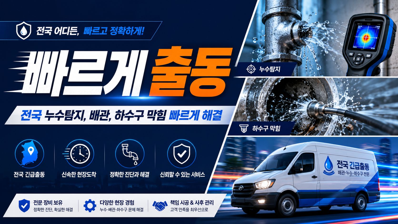 전국 어디든 빠르고 정확하게 — 누수탐지·배관·하수구막힘 24시간 긴급출동, 전문 장비 보유·책임 시공